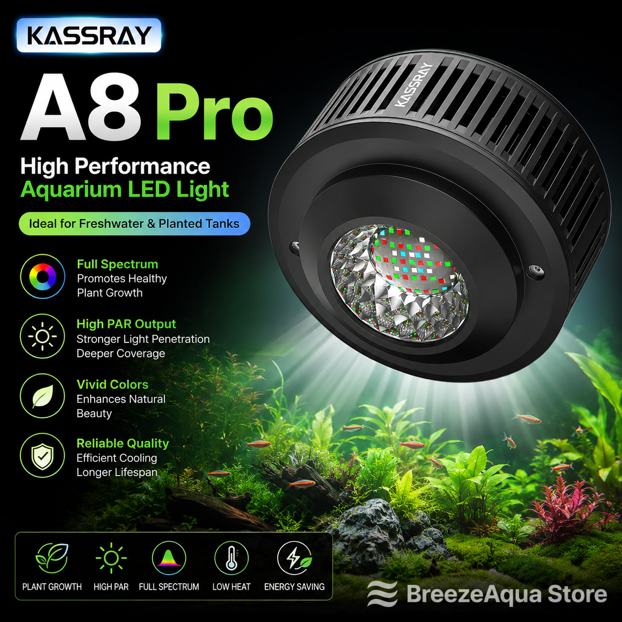 Planted Aquarium Algae - KASSRAY A8Pro 90W WRGB Aquarium Light